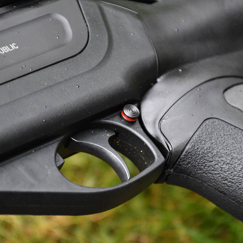 Single stage trigger, cross bolt safety catch and bolt locking button within the trigger guard